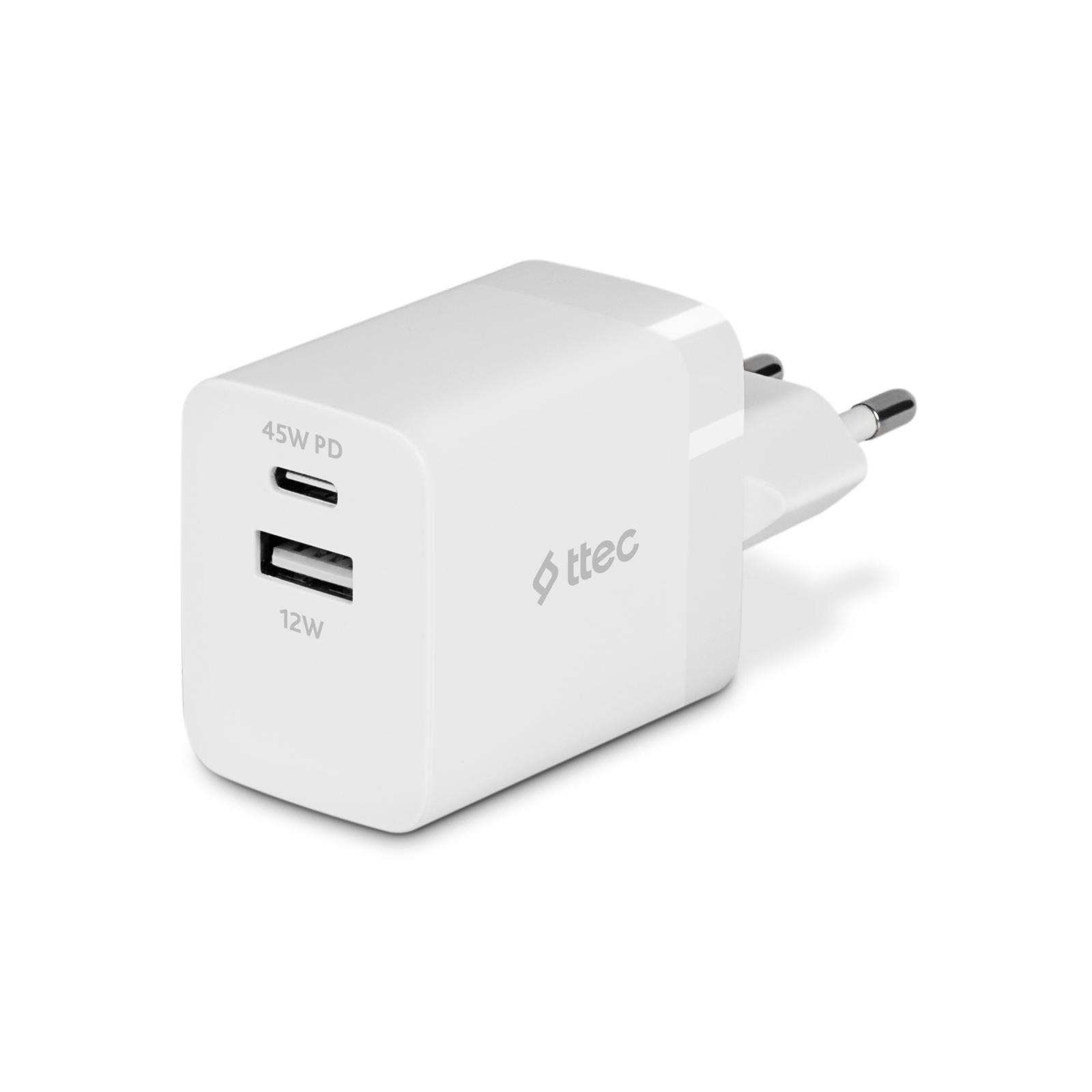 Зарядно 220V ttec SmartCharger Duo PD 45W Travel Charger USB-C+USB-A - Бяло