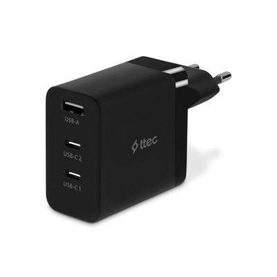 Зарядно 220V ttec SmartCharger Trio GAN 65W PD Travel Fast Charger 2 USB-C+USB-A - Черно
