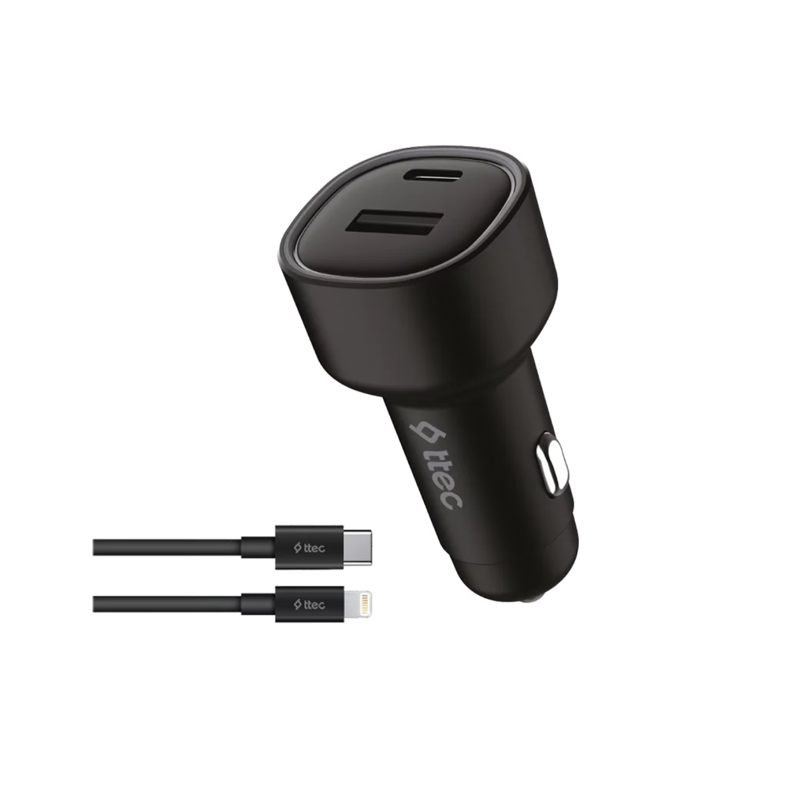 Зарядно 12V  ttec SmartCharger Duo PD 48W Vehicle Fast Charger USB-C+USB-A - USB-C-Lightning Cable - Черно