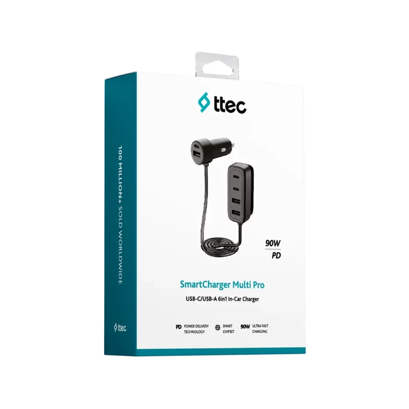 Хъб ttec SmartCharger 6in1 PD 90W Car Fast Charger 3 USB-C + 3 USB-A - Черен