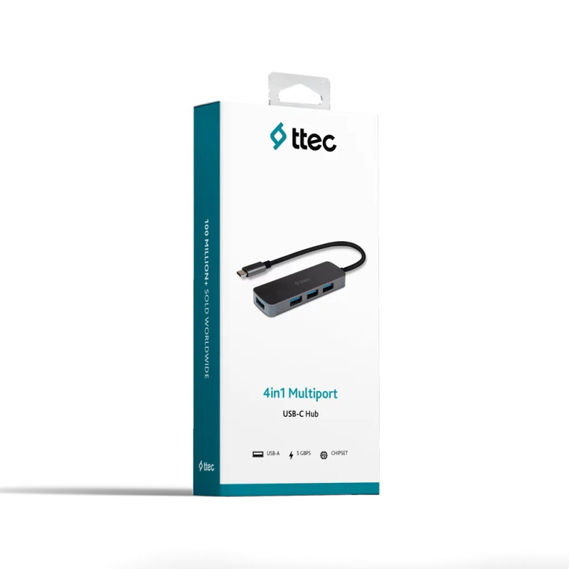 Хъб ttec Type-C, 4 в 1, USB-A 3.0 x4, Черен