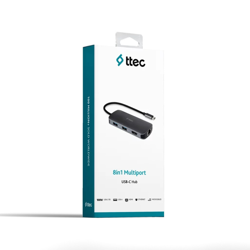 Хъб ttec, 8 в 1, Type-C - 4K, HDMI, Gigabit Ethernet, LAN, PD, USB C, USB-A 2.0, USB-A 2.0 x 2, SD, MSD Converter,Черен