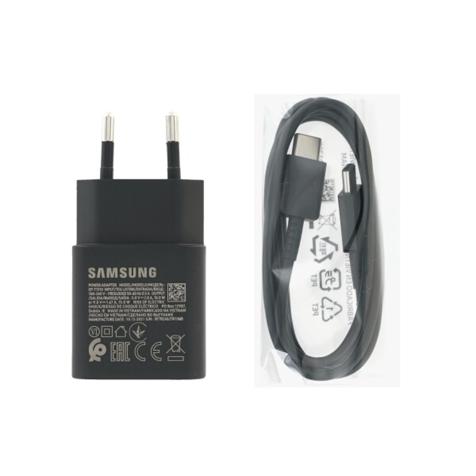 Зарядно 220V Samsung USB-C 15W Travel Charger + USB-C Data Cable - Черно, EP-T1510XBE
