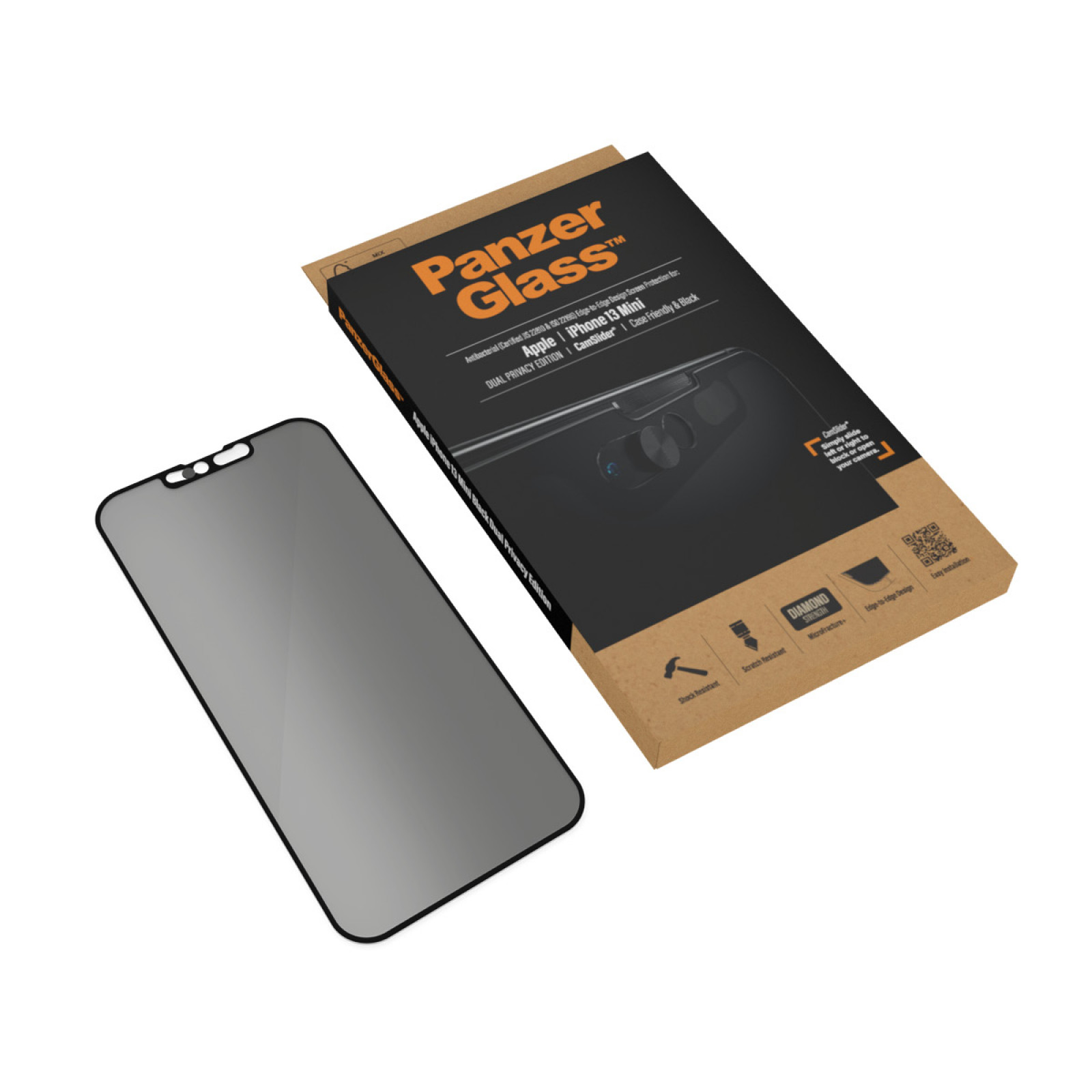 Стъклен протектор PanzerGlass за Apple Iphone 13 mini ,CamSlider,Privacy, CaseFriendly, Antibacterial, Черен