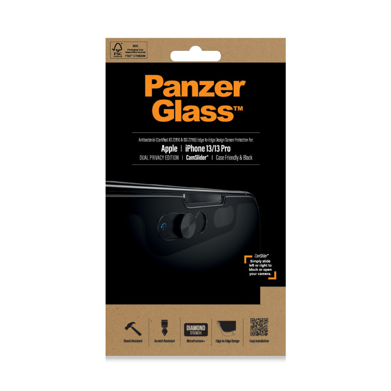 Стъклен протектор PanzerGlass за Apple Iphone 13 / 13 Pro CamSlider,Privacy, CaseFriendly, Antibacterial - Черен