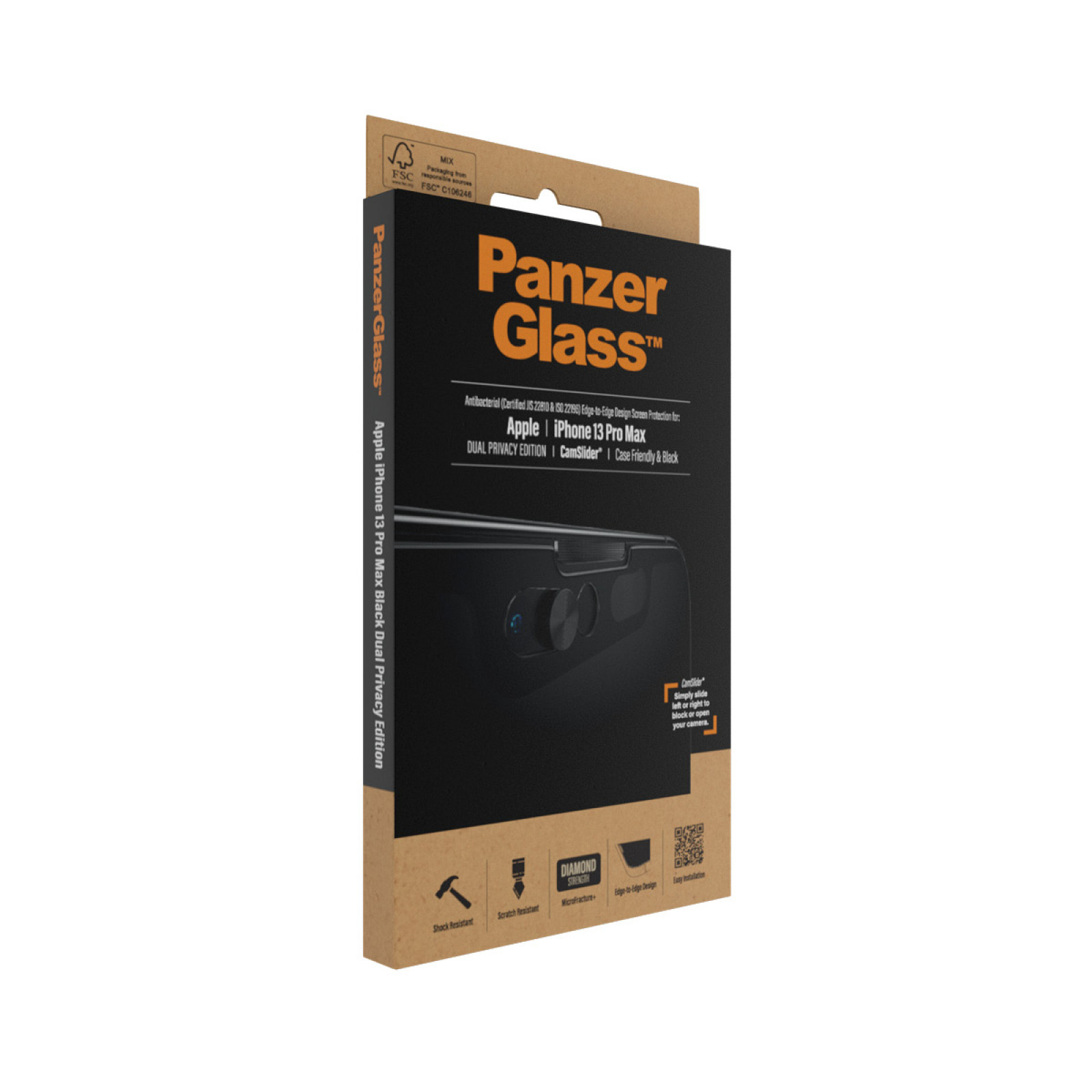 Стъклен протектор PanzerGlass за Apple Iphone 13 Pro Max  CamSlider,Privacy, CaseFriendly, Antibacterial - Черен