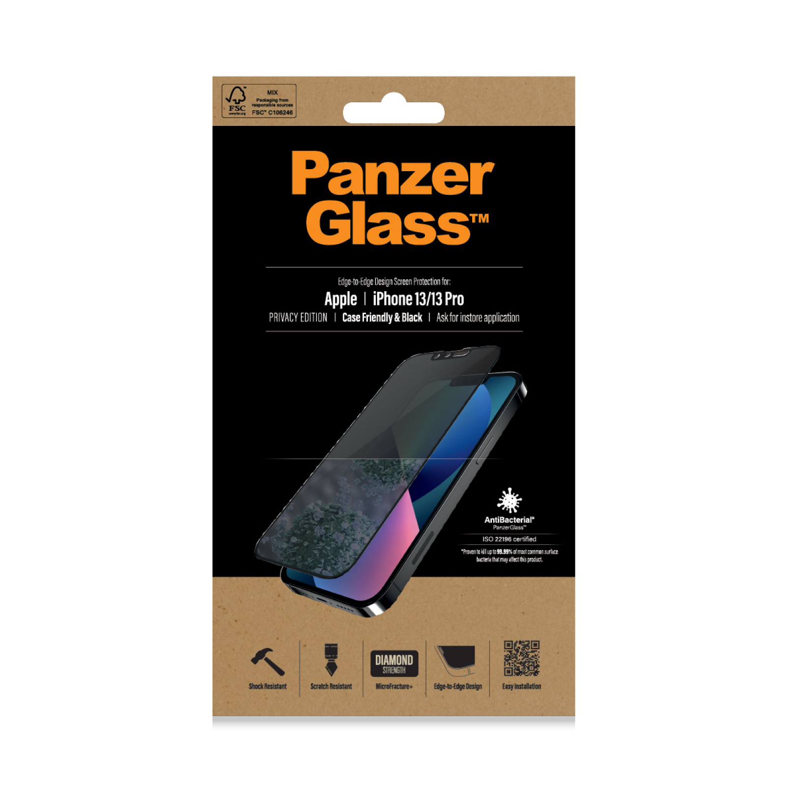 Стъклен протектор PanzerGlass за Apple Iphone 13 / 13 Pro,Privacy, CaseFriendly, Antibacterial - Черен