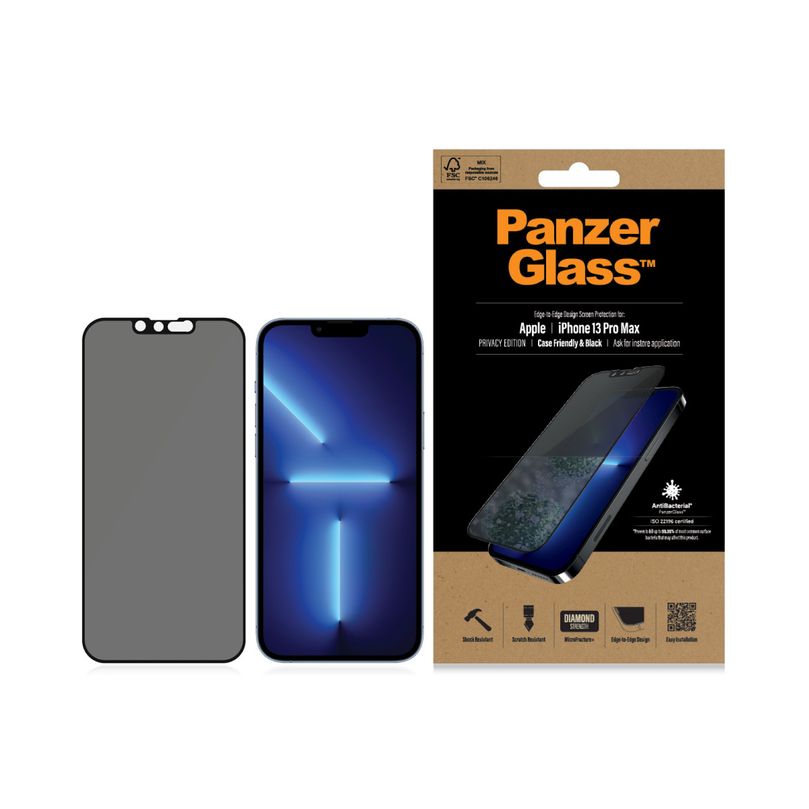 Стъклен протектор PanzerGlass за Apple Iphone 13 Pro Max ,Privacy, CaseFriendly, Antibacterial - Черен