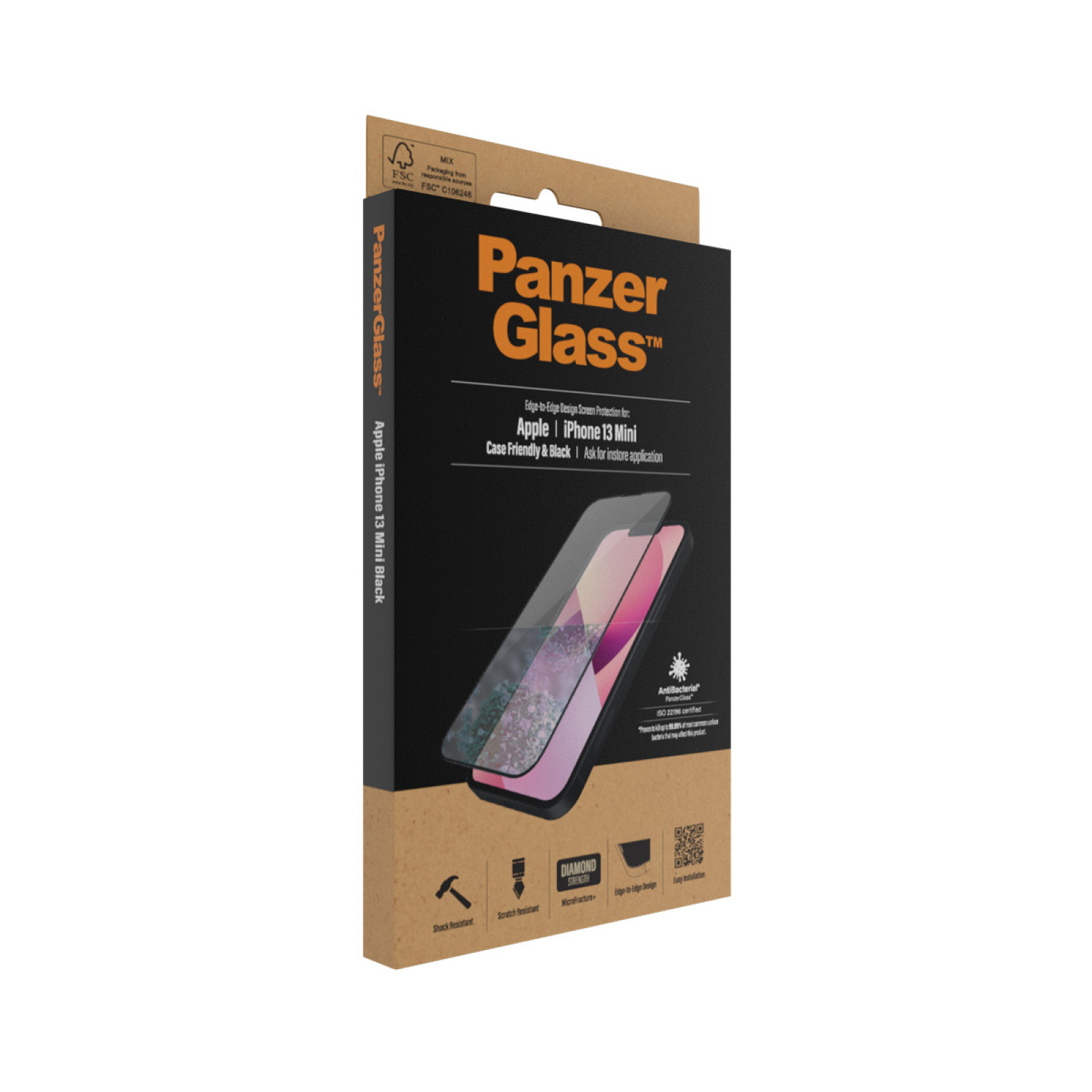 Стъклен протектор PanzerGlass за Apple Iphone 13 mini 5.4 CaseFriendly, Antibacterial,Pro - Черен