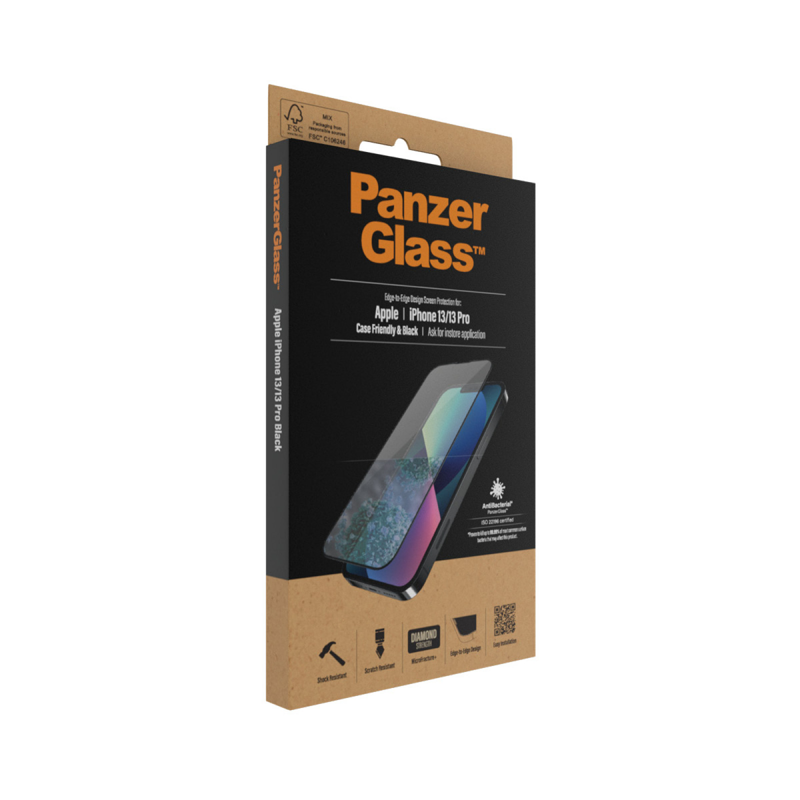 Стъклен протектор PanzerGlass за Apple Iphone 13 / 13 Pro, CaseFriendly, Antibacterial, Черен