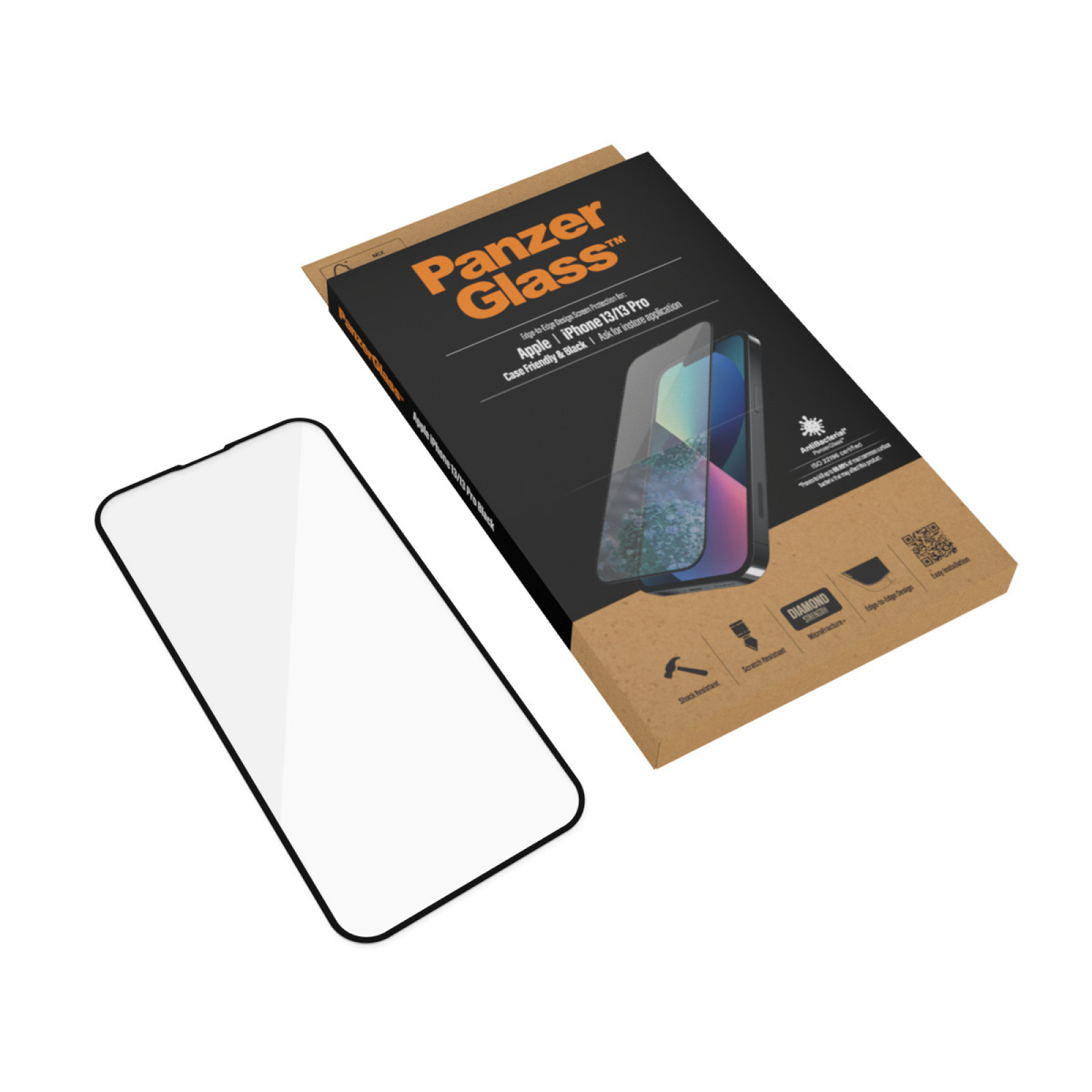 Стъклен протектор PanzerGlass за Apple Iphone 13 / 13 Pro, CaseFriendly, Antibacterial, Черен