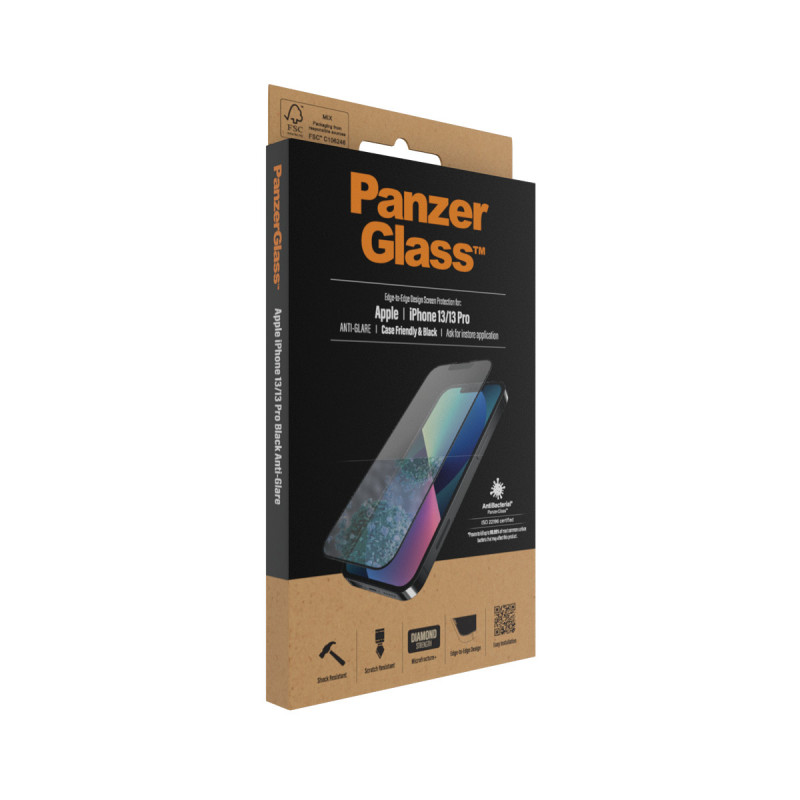 Стъклен протектор PanzerGlass за Apple Iphone 13 / 13 Pro, AntiGlare, CaseFriendly, Antibacterial, Черен