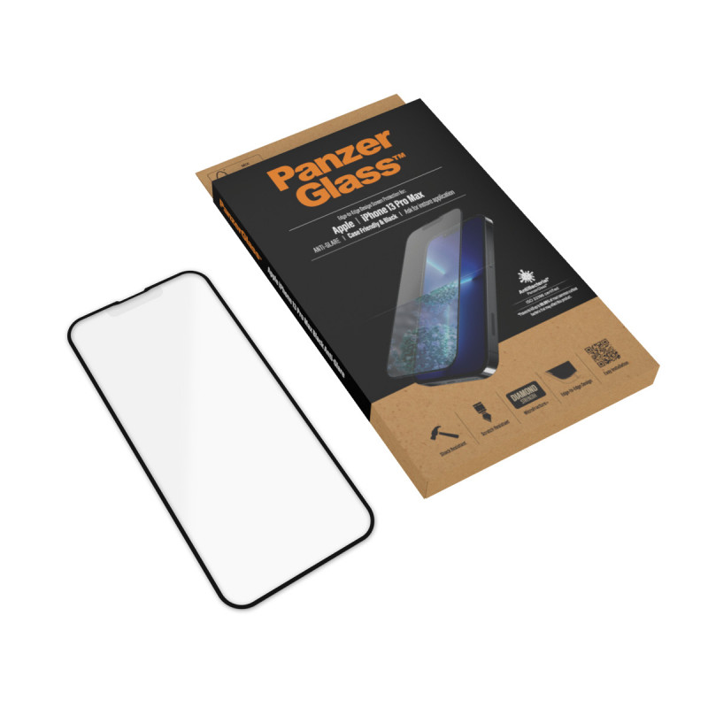 Стъклен протектор PanzerGlass за Apple Iphone 13 Pro Max, AntiGlare, CaseFriendly, Antibacterial, Черен