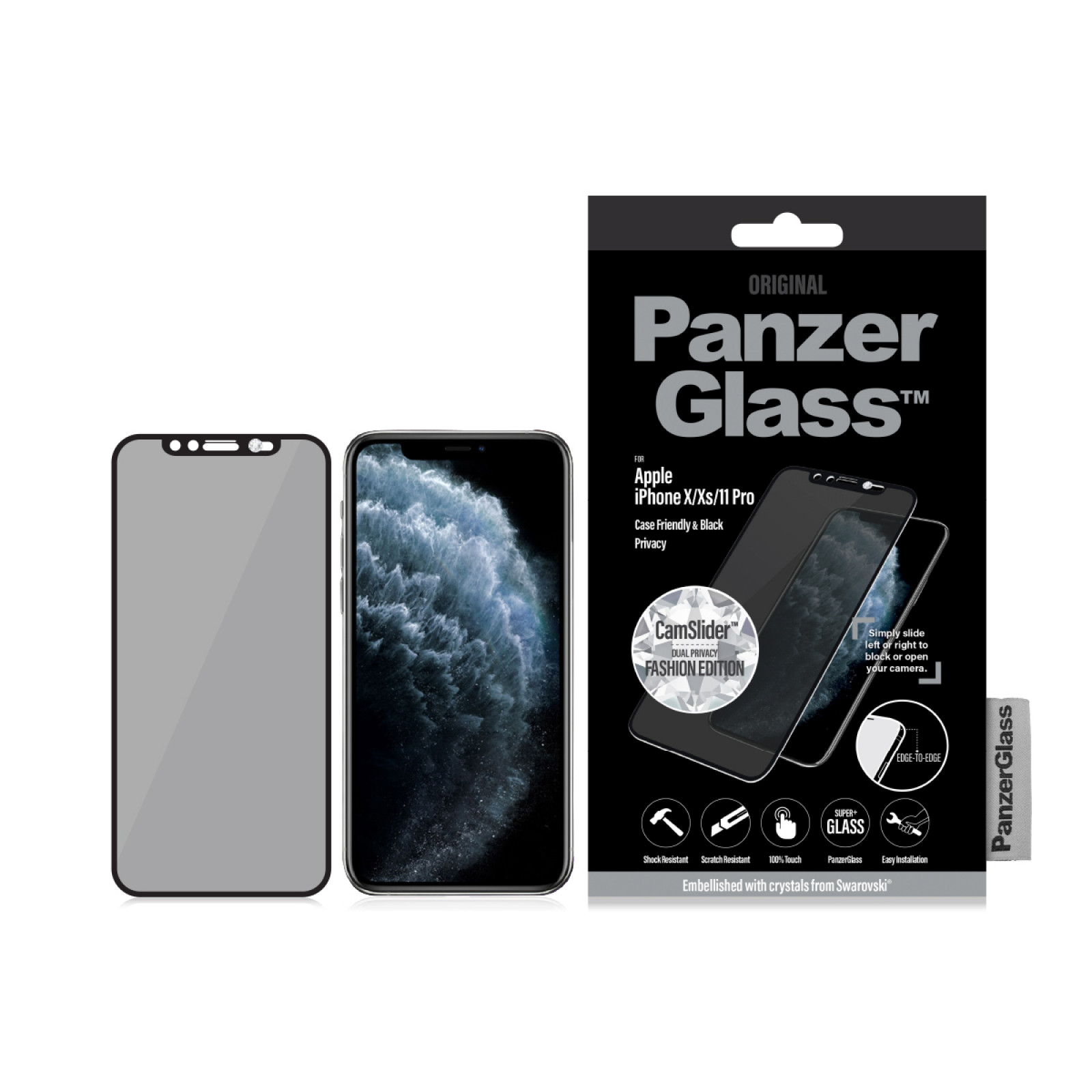 Стъклен протектор PanzerGlass за Apple Iphone X/XS /11 Pro, Privacy, CaseFriendly, CamSlider, Swarovski Edition- Черен,
