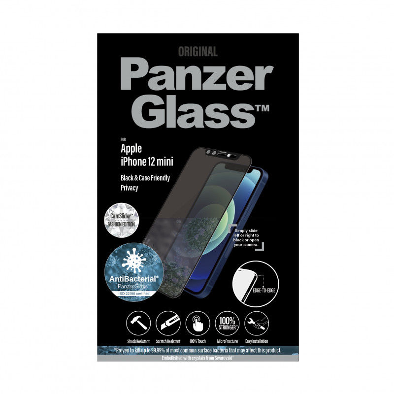 Стъклен протектор PanzerGlass за Apple Iphone 12 mini, Privacy, CaseFriendly, CamSlaider, Swarovski - Черен