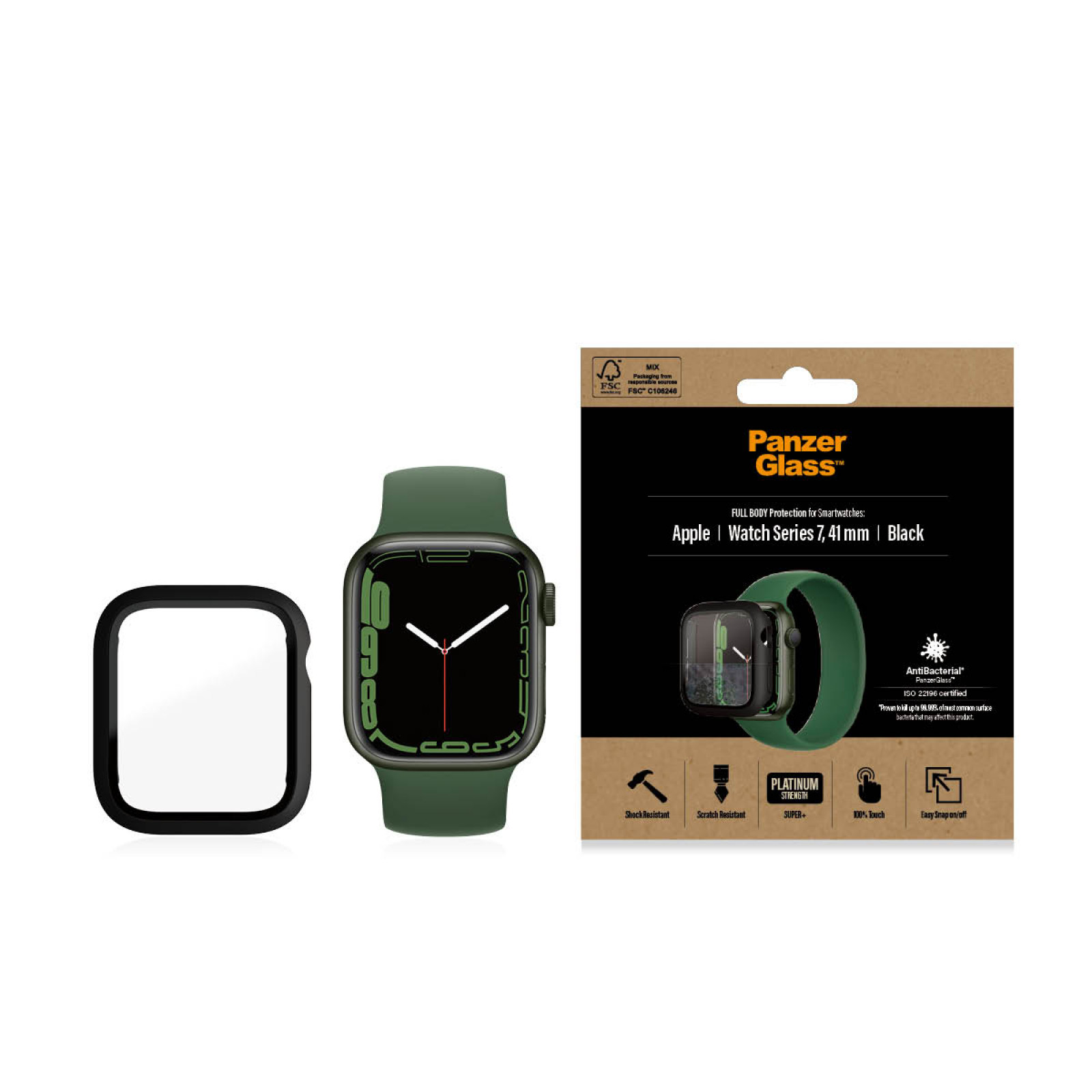 Стъклен протектор за часовник със силиконова рамка PanzerGlass за Apple watch Series 7, 41mm, AntiBacteria - Черна  рамка