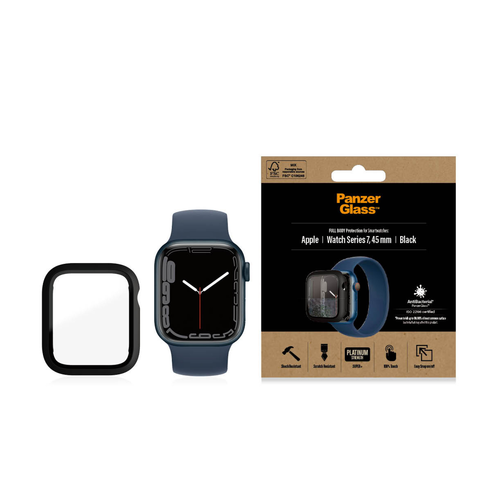 Стъклен протектор за часовник със силиконова рамка PanzerGlass за Apple watch Series 7,8, 45mm, AntiBacteria - Черна  рамка