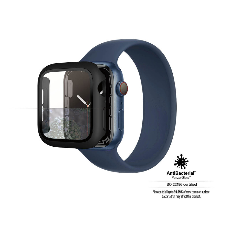 Стъклен протектор за часовник със силиконова рамка PanzerGlass за Apple watch Series 7, 45mm, AntiBacteria - Черна  рамка