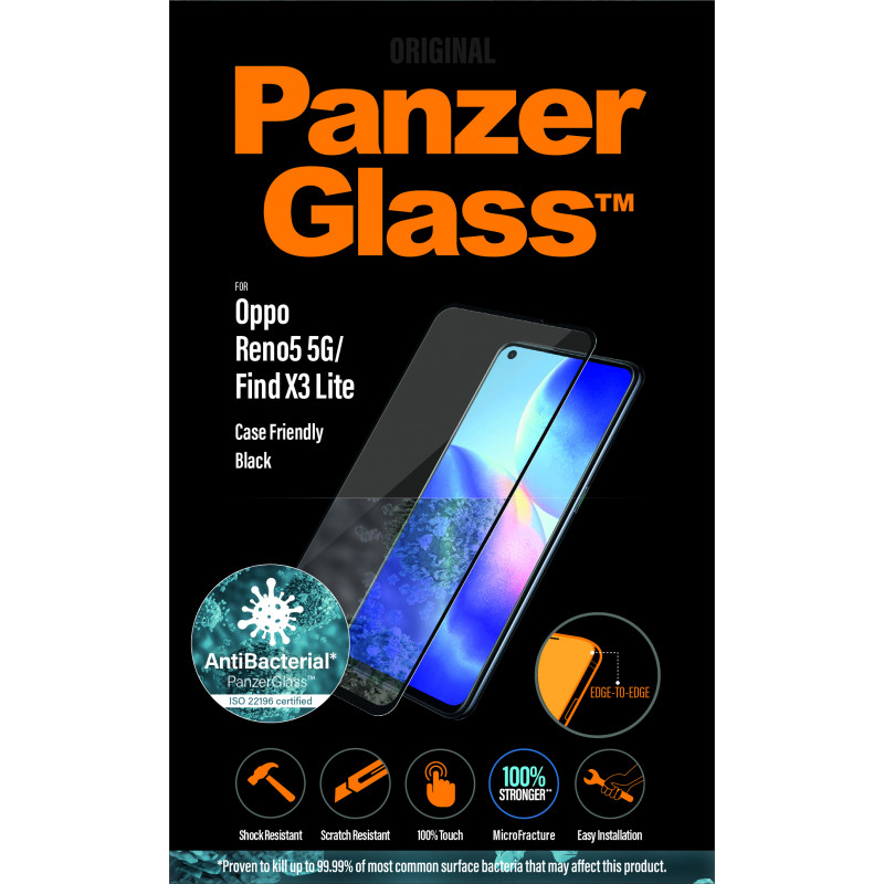 Стъклен протектор PanzerGlass за Oppo Reno 5 5G / Find X3 Lite, CaseFriendly, Antibacterial - Черно