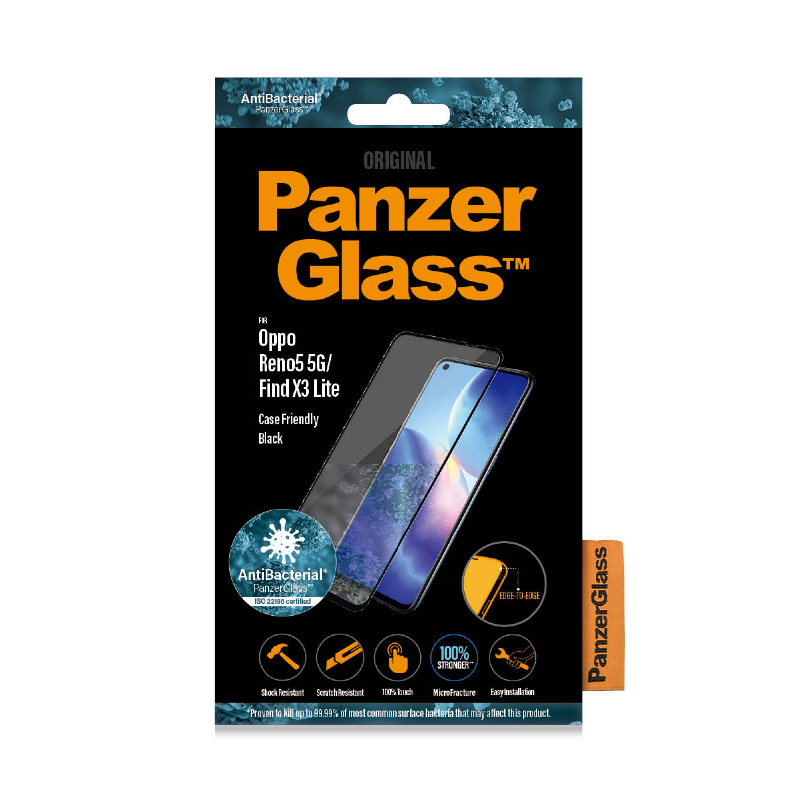 Стъклен протектор PanzerGlass за Oppo Reno 5 5G / Find X3 Lite, CaseFriendly, Antibacterial - Черно