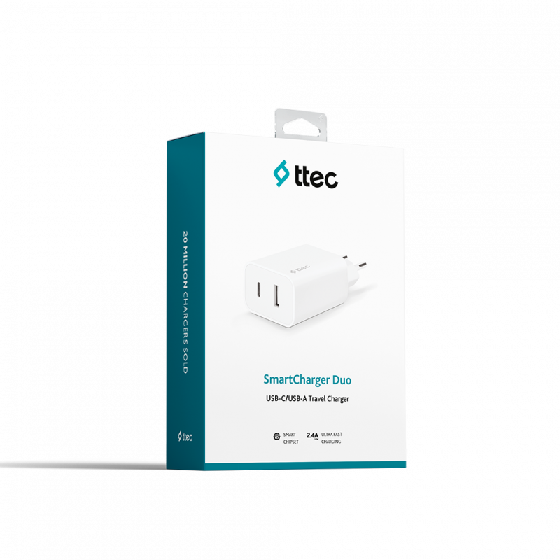 Адаптер 220V ttec SmartCharger Duo USB-C+USB-A Tra...