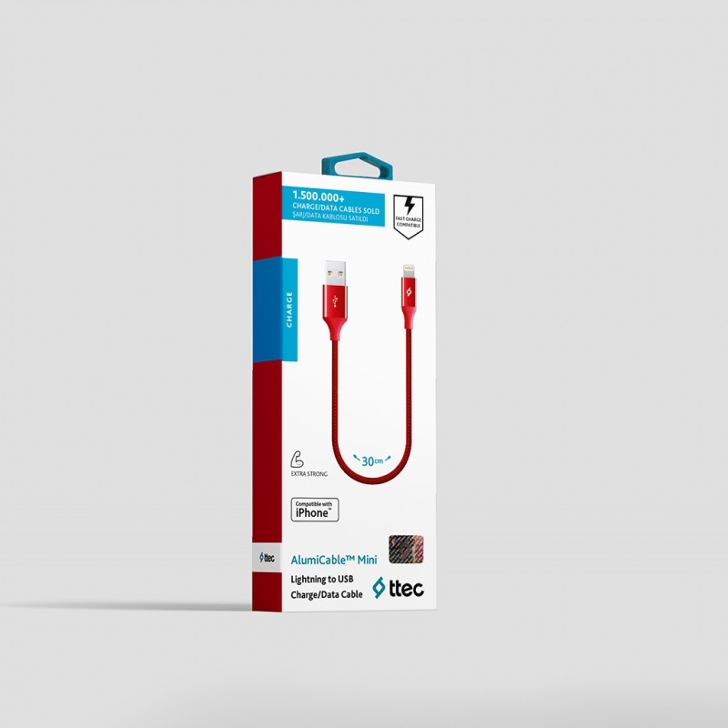 Кабел ttec AlumiCable Ligthning USB Charge / Data Mini Cable , 30cm - Червен