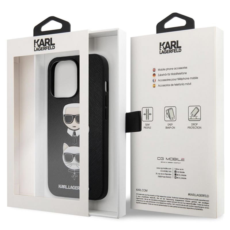 Гръб Karl Lagerfeld PU Saffiano Karl and Choupette Heads Case за iPhone 13 Pro - Черен