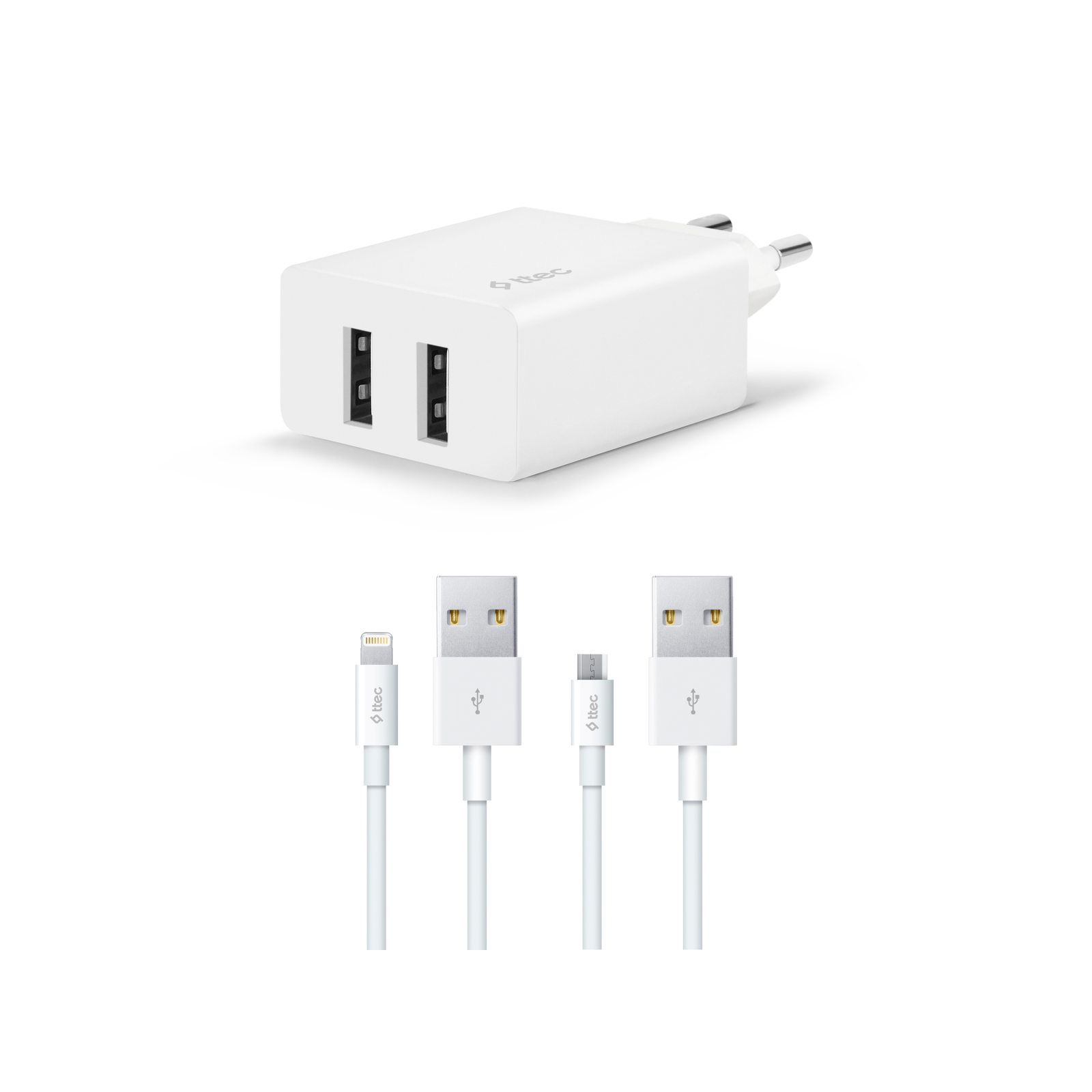 Зарядно ttec SmartCharger Duo Travel Charger , 3.1A , Lightning and Micro USB Cable, бял