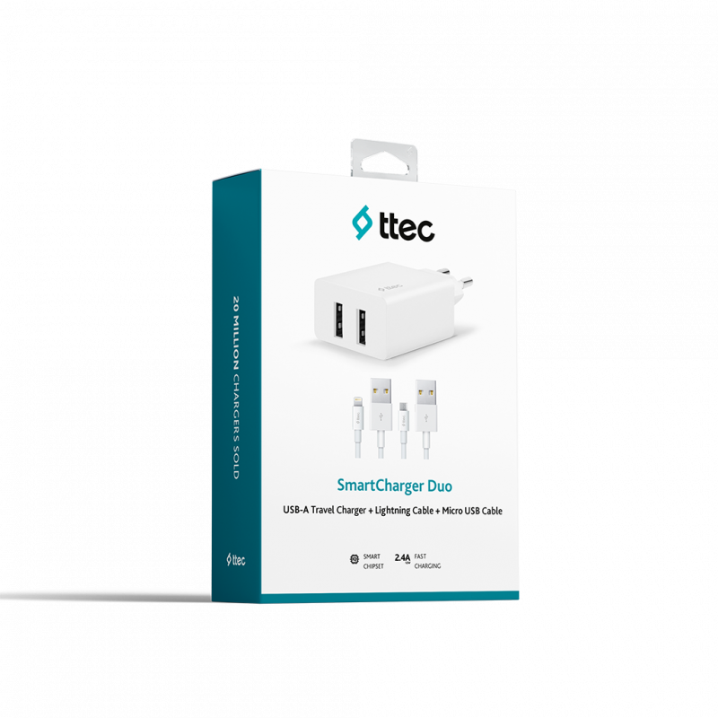 Зарядно ttec SmartCharger Duo Travel Charger , 3.1A , Lightning and Micro USB Cable, бял