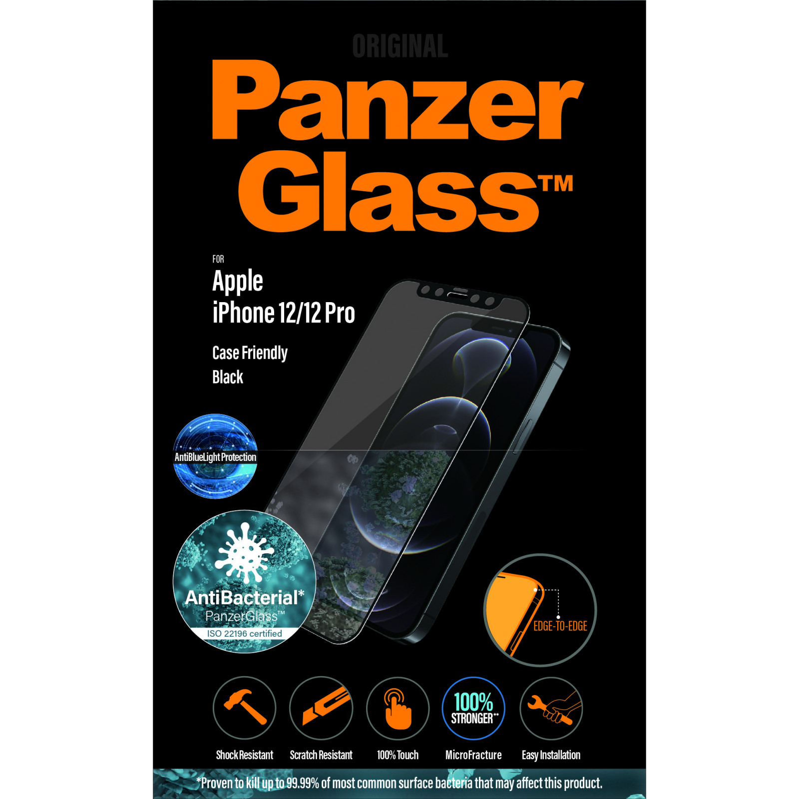 Стъклен протектор PanzerGlass за Apple Iphone 12 / 12 Pro 6.1 Anti-Bluelight, CaseFriendly, Antibacterial, Pro- Черен