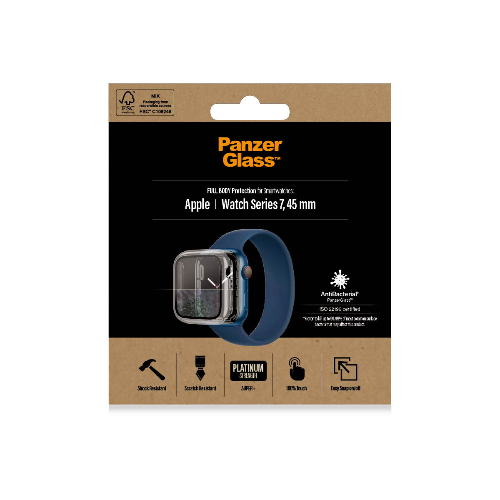 Стъклен протектор за часовник със силиконова рамка PanzerGlass за Apple watch Series 7, 45mm, AntiBacteria - Прозрачна рамка