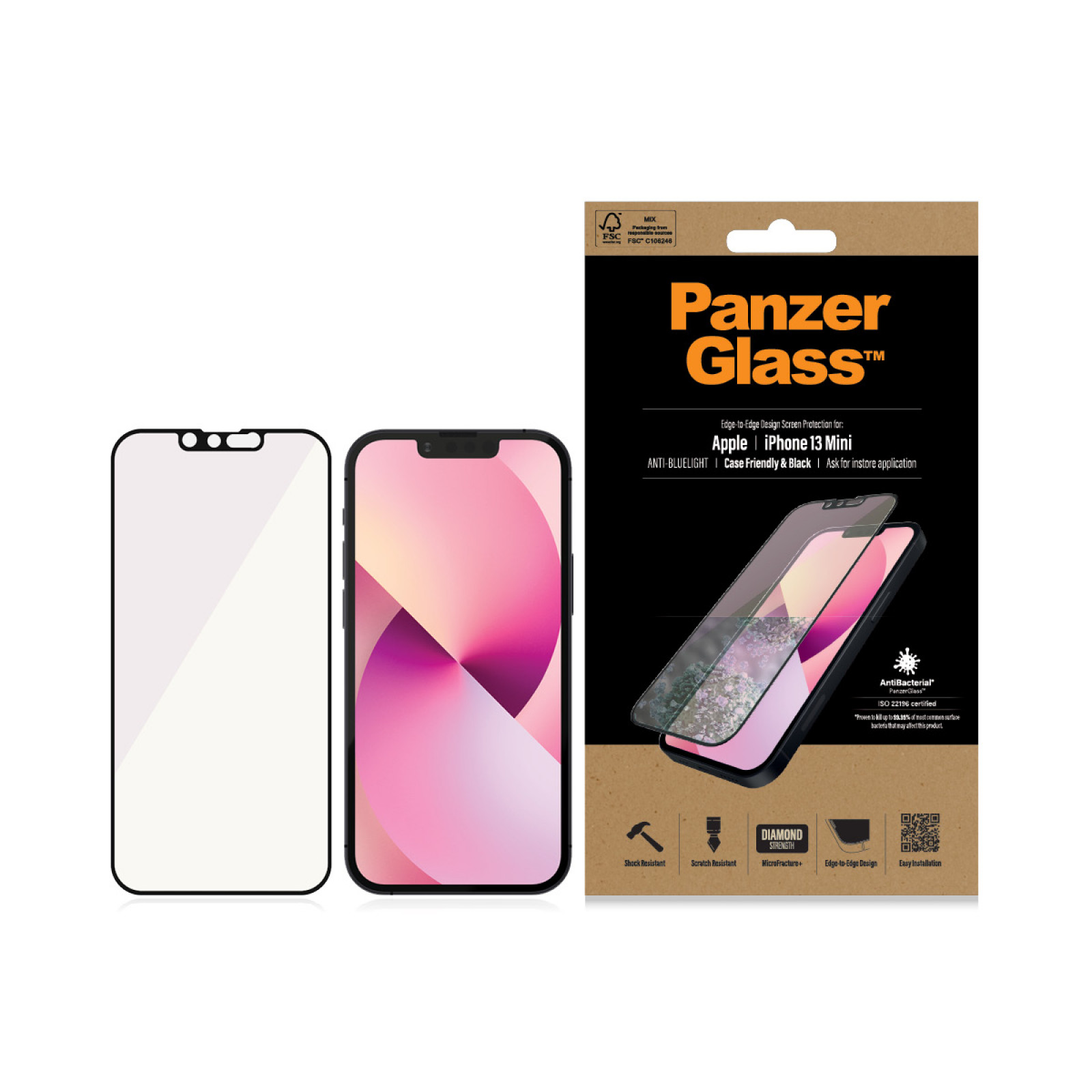 Стъклен протектор PanzerGlass за Apple Iphone 13 mini 5.4 Anti-Bluelight, CaseFriendly, Antibacterial, Pro- Черен