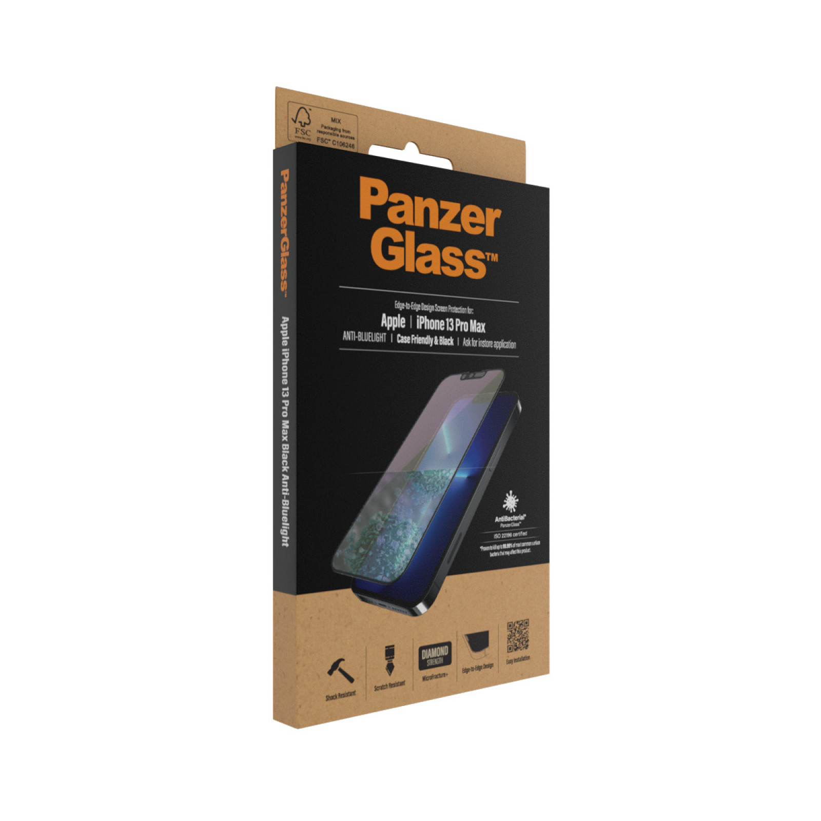 Стъклен протектор PanzerGlass за Apple Iphone 13 Pro Max 6.7 Anti-Bluelight, CaseFriendly, Antibacterial, Pro- Черен