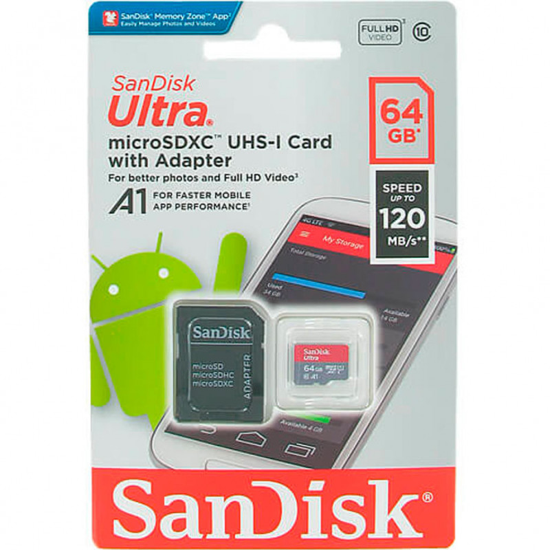 Мемори карта SanDisk Ultra micro SDXC 64GB + SD Adapter 120MB/s А1 Class