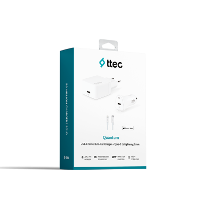 Комплект зарядни Quantum PD 20W Travel Charger + 20W Car Charger + Type-C / Lightning Cable, MFi