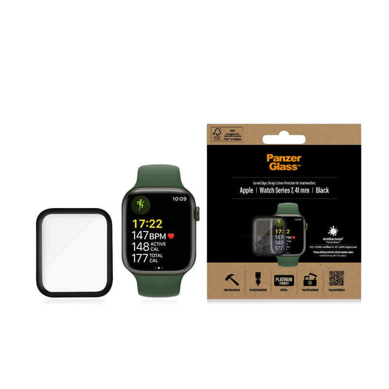 Стъклен протектор за часовник PanzerGlass за Apple watch Series 7, 41mm, AntiBacteria - Черен
