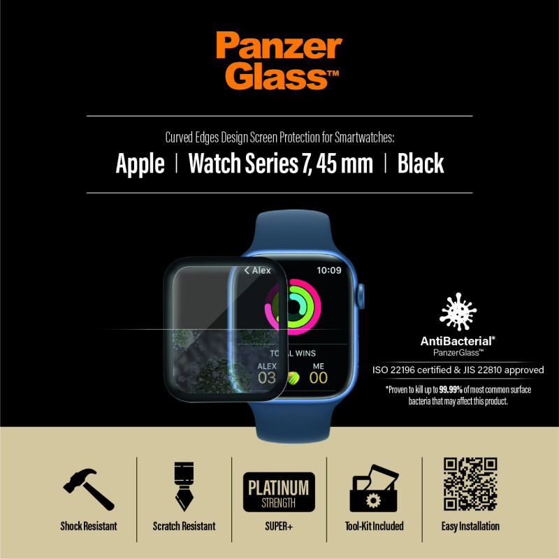 Стъклен протектор за часовник PanzerGlass за Apple watch Series 7, 45mm, AntiBacteria - Черен