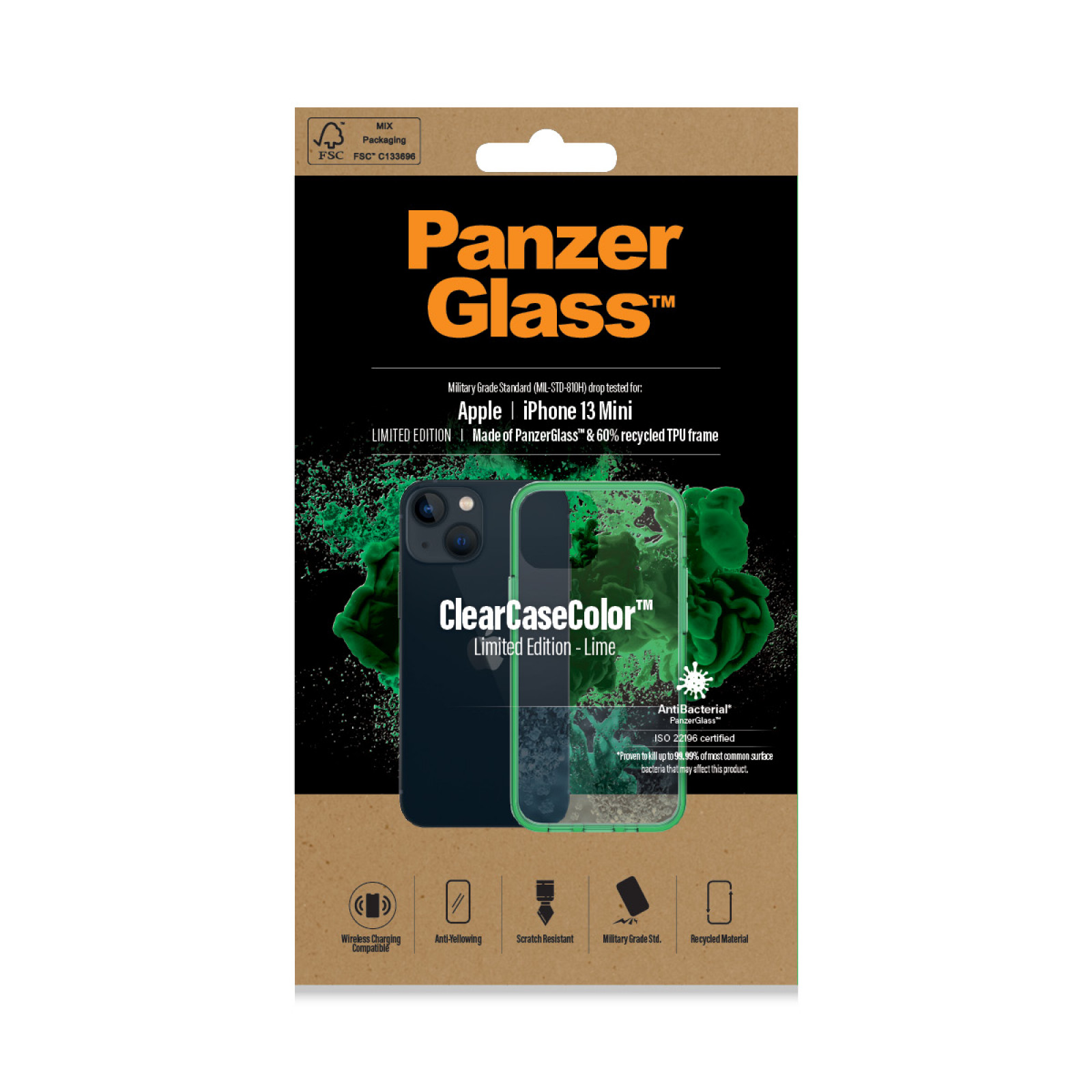 Гръб PanzerGlass за IPhone 13 mini, ClearCase - Зелена рамка