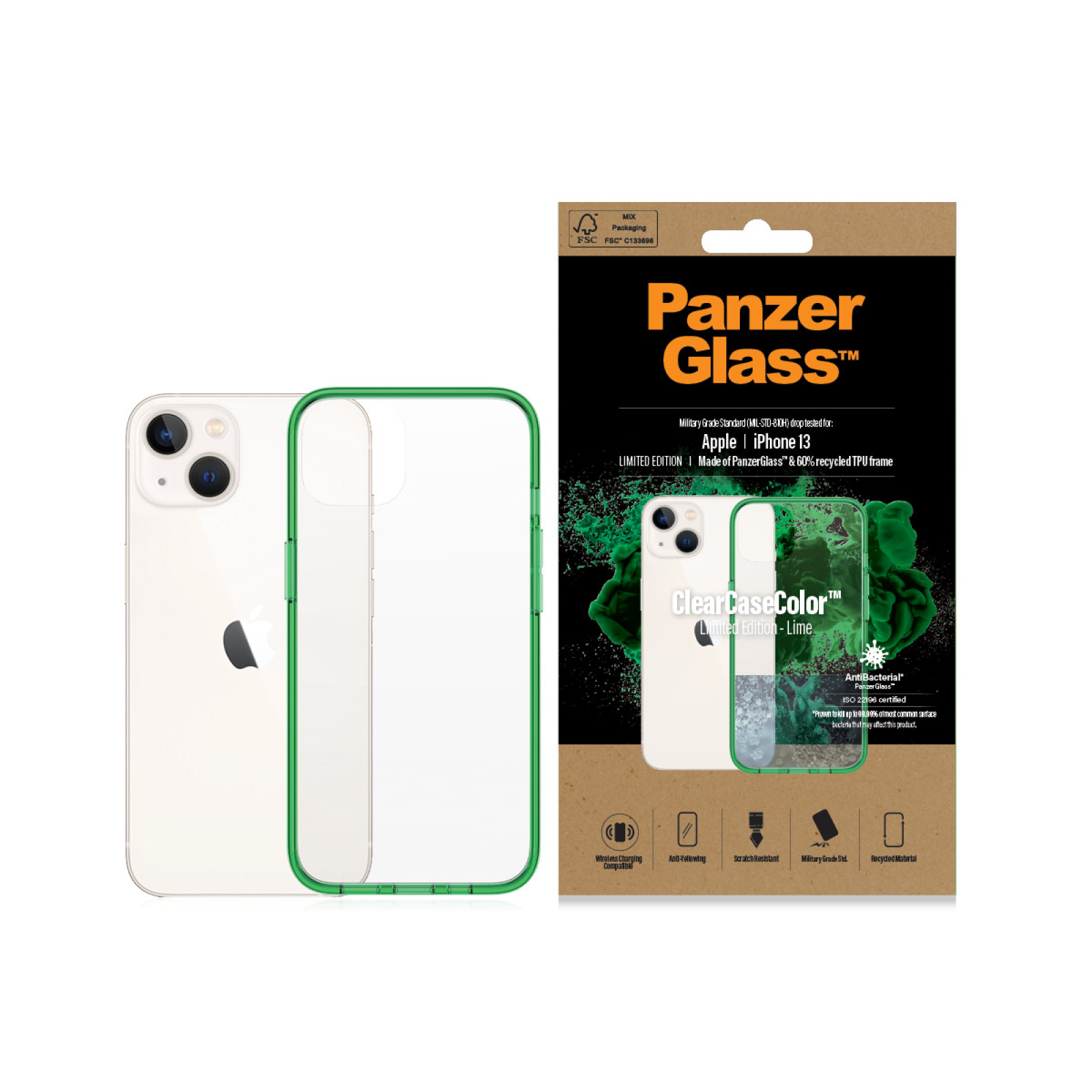 Гръб PanzerGlass за IPhone 13 , ClearCase - Зелена рамка