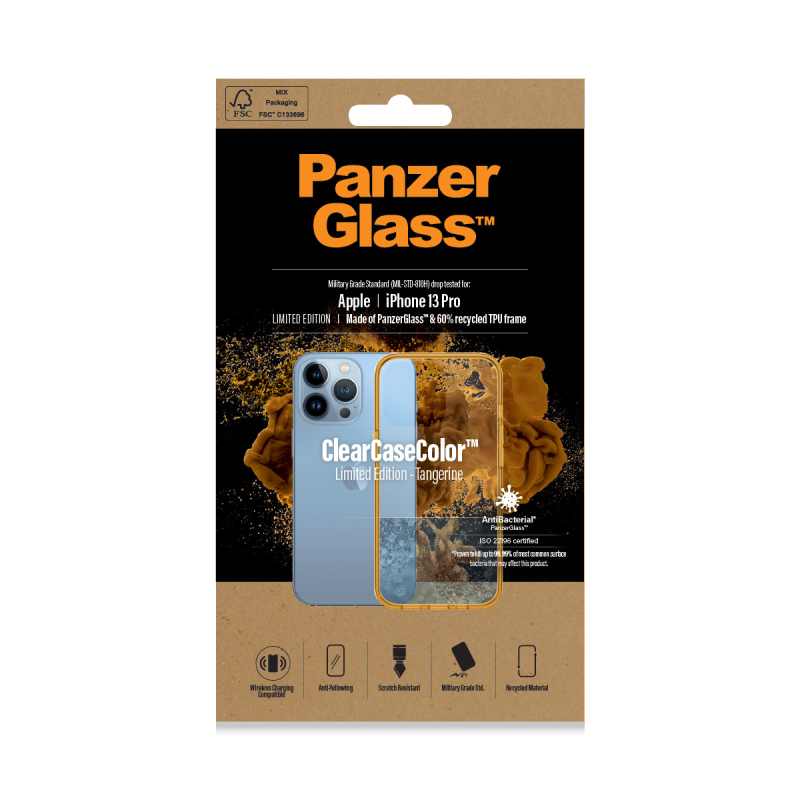 Гръб PanzerGlass за IPhone 13 Pro, ClearCase - Оранжева рамка