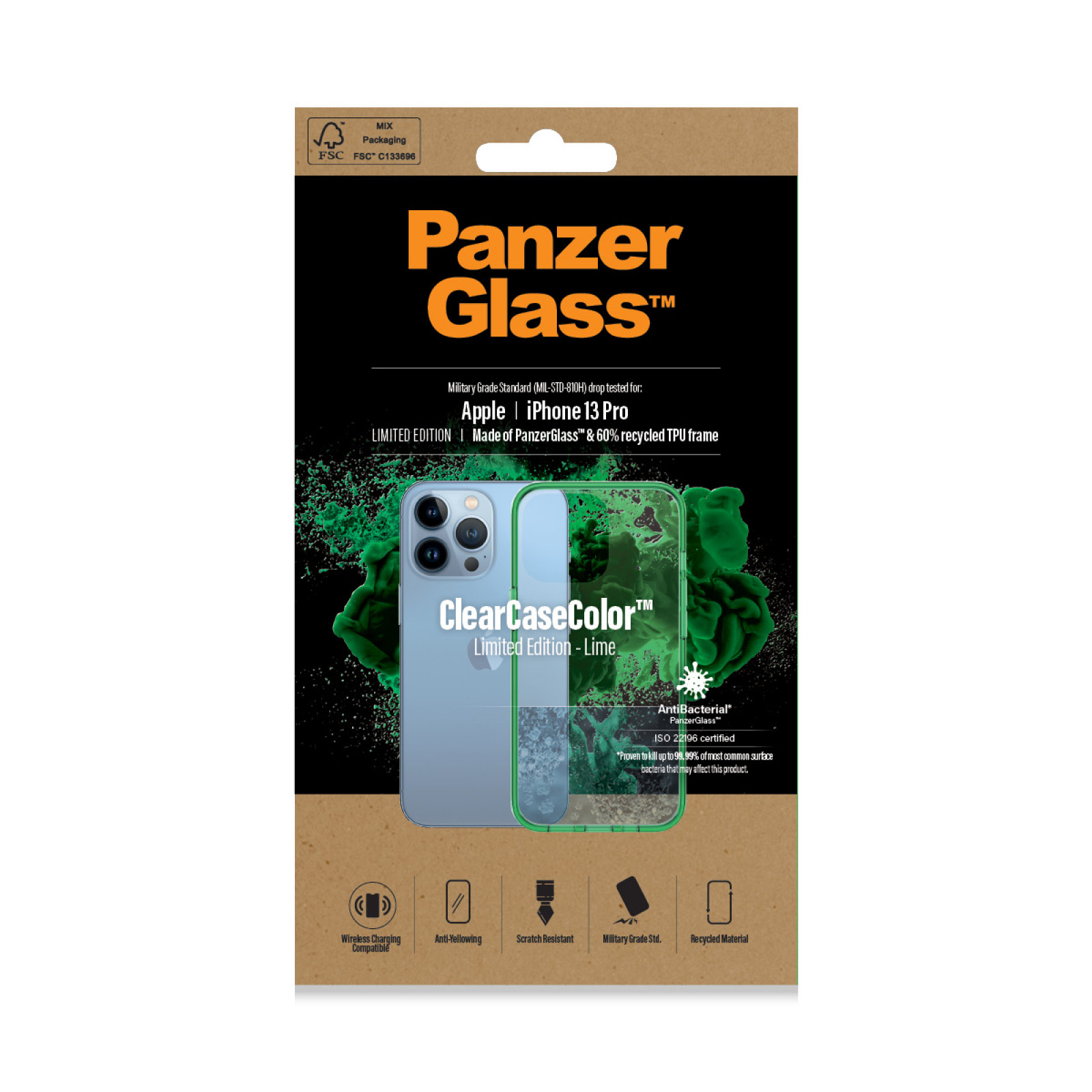 Гръб PanzerGlass за IPhone 13 Pro, ClearCase - Зелена рамка