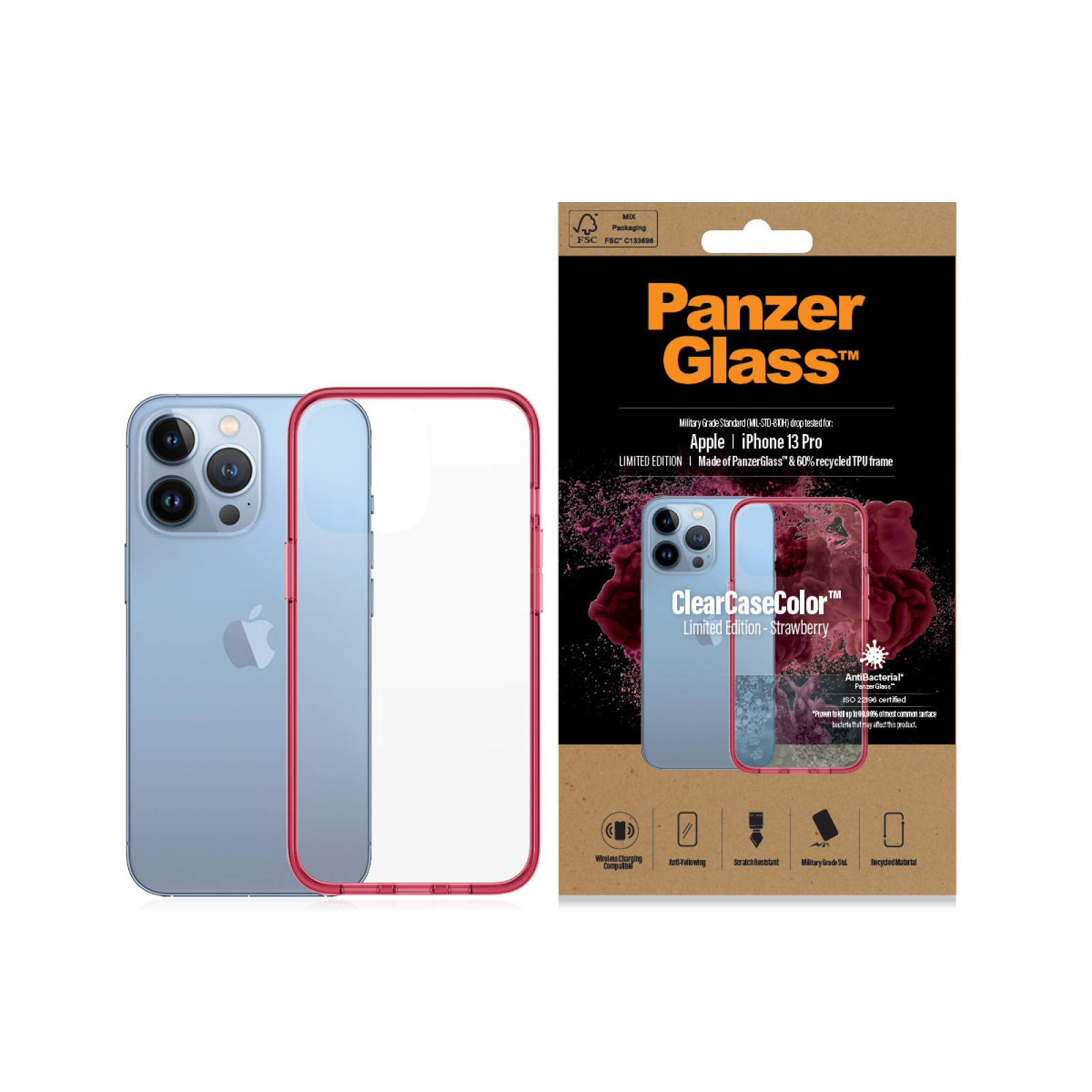 Гръб PanzerGlass за IPhone 13 Pro, ClearCase - Червена рамка