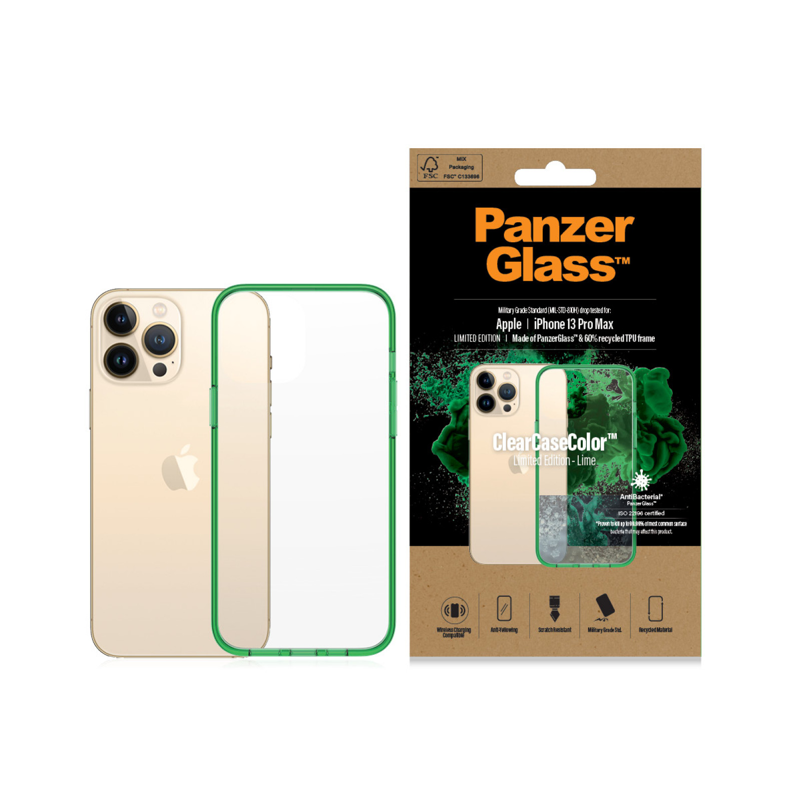 Гръб PanzerGlass за IPhone 13 Pro Max, ClearCase - Зелена рамка