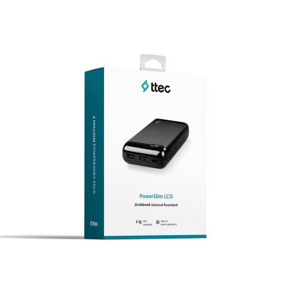 Външна батерия PowerSlim LCD 20.000 mAh Powerbank With USB-C Input/Output - Черна