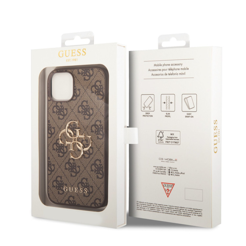 Гръб Guess PU 4G Metal Logo Case за iPhone 15 Plus - Кафяв