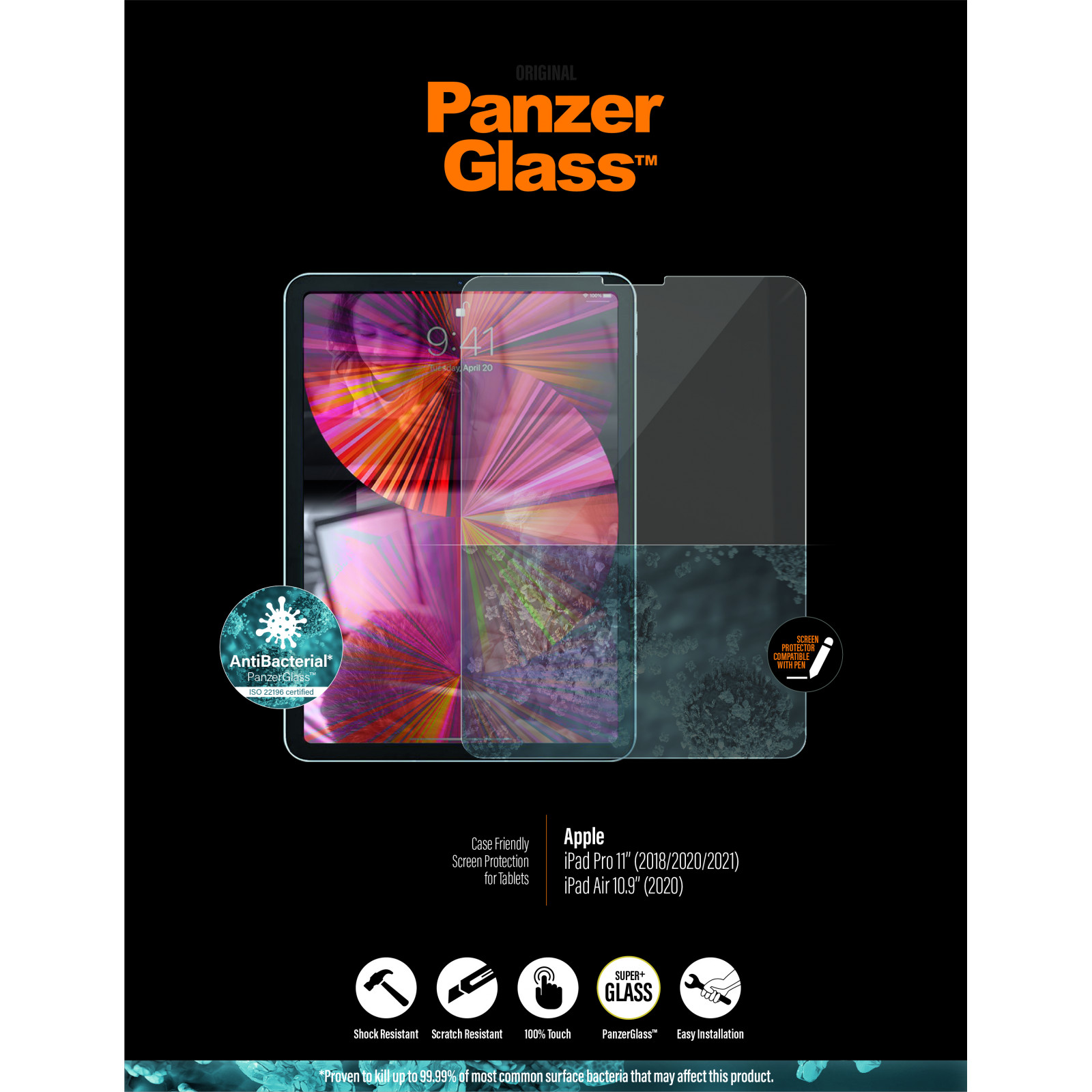 Стъклен протектор PanzerGlass за Apple Ipad Pro 11( 18/20/21/22/Air(20/22), Antibacterial - Черен