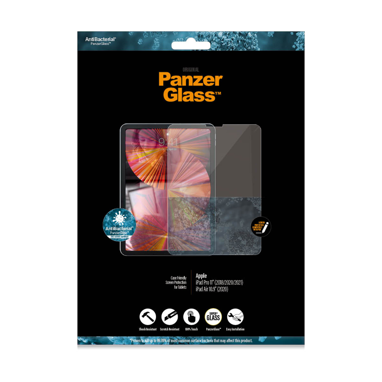 Стъклен протектор PanzerGlass за Apple Ipad Pro 11( 18/20/21/22/Air(20/22), Antibacterial - Черен