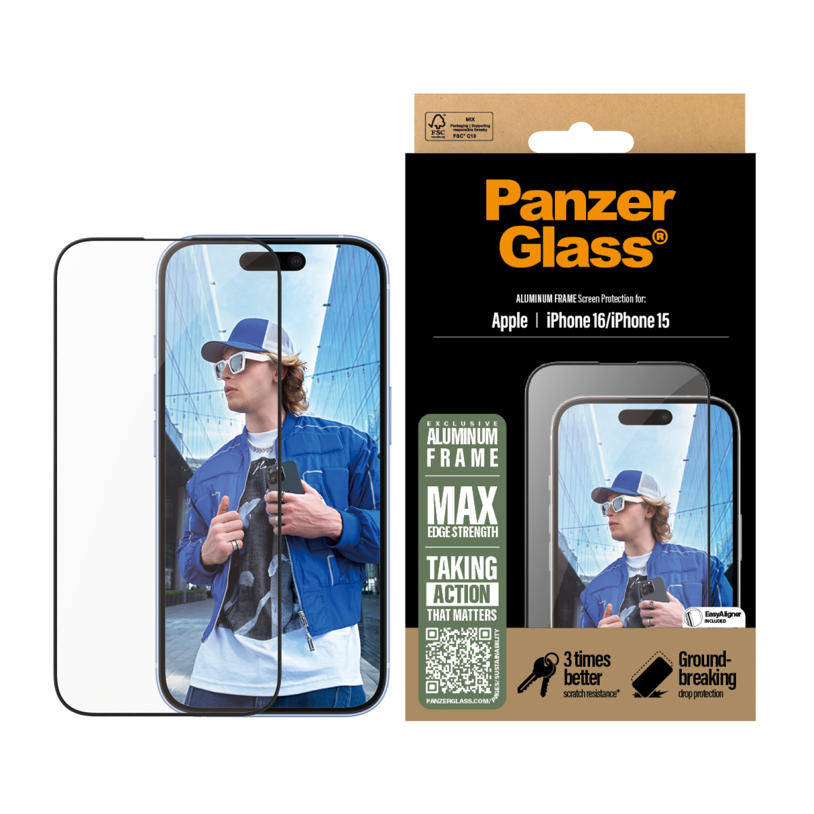 Стъклен протектор PanzerGlass за iPhone 16, 15,  Aluminum Frame, Ultra-Wide Fit