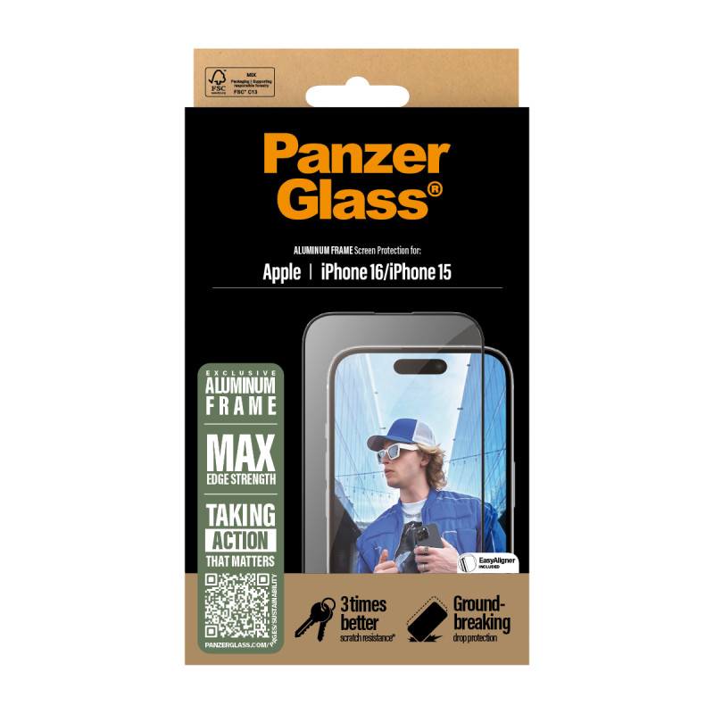 Стъклен протектор PanzerGlass за iPhone 16, 15,  Aluminum Frame, Ultra-Wide Fit