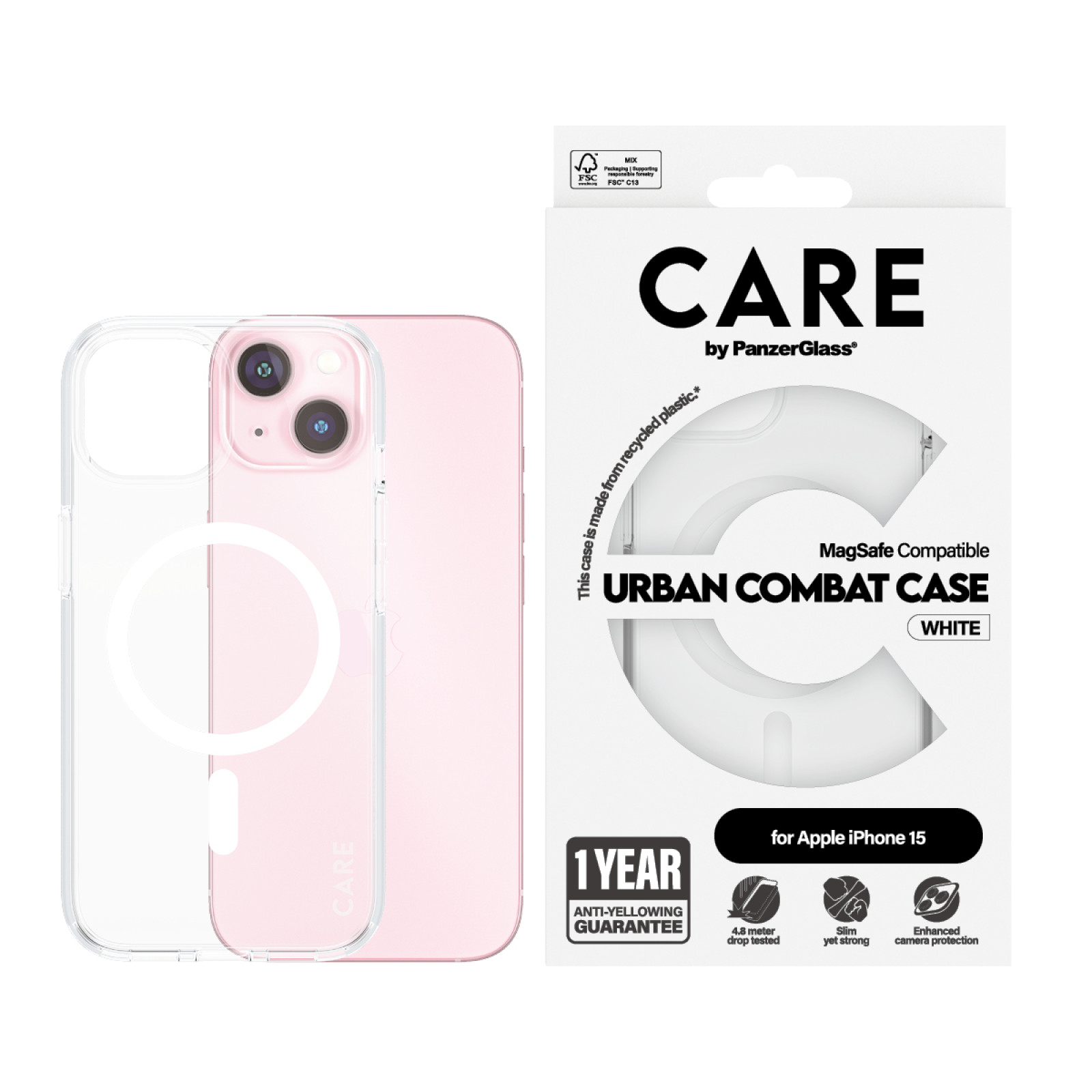 Гръб CARE by PanzerGlass за iPhone 15 Flagship White MagSafe - Прозрачен